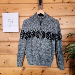 CHAPS Nordic Fair Isle Marled Knit Snowflake Cardigan Gray Sweater Full Zip Sz M